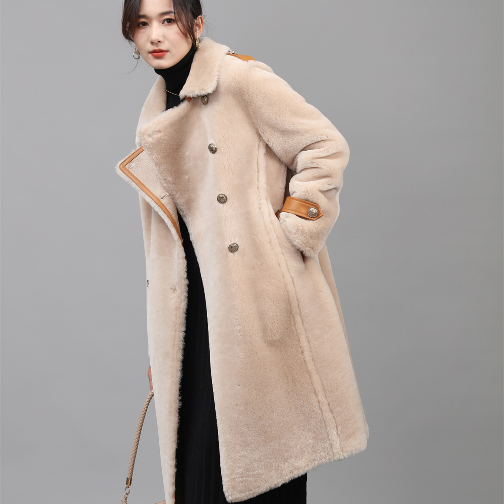 Wholesale Winter Long  women  Real  fur LT  Double Breasted sheep fur coat for ladies