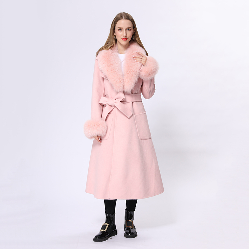Women Winter Clothes  White Women Cashmere Wool Long Coat With Fox Fur Collar