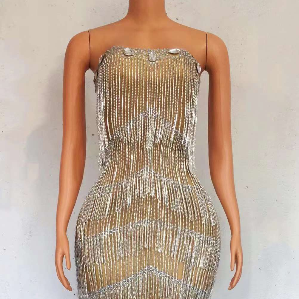 Sexy Golden Strapless Diamond Dress  Plus Size Women's Dresses Customized