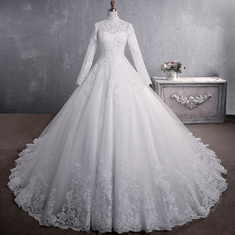 Arabic Muslim Wedding Dress Long Sleeve A-Line Bridal Gown Cheap Pakistani Wedding Dresses 2019 New 