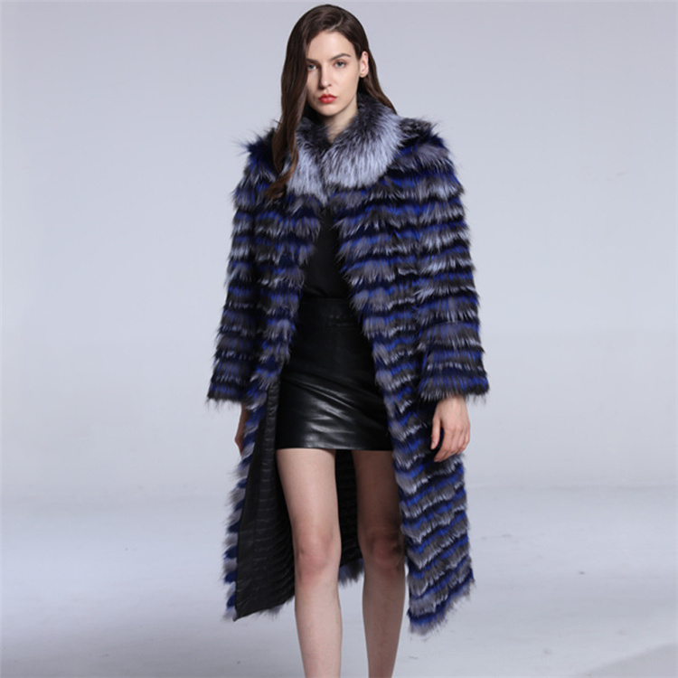 2022 New Trendy Horizontal Stripes Winter Coat Women 100 Real Fox Fur Overcoats