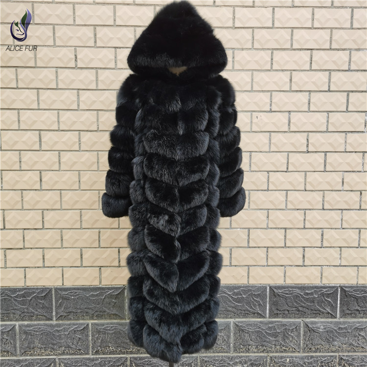 2020 Custom supply Classic Fashion Long Black Fur Coat Winter Women Fox Fur Coat with Hood