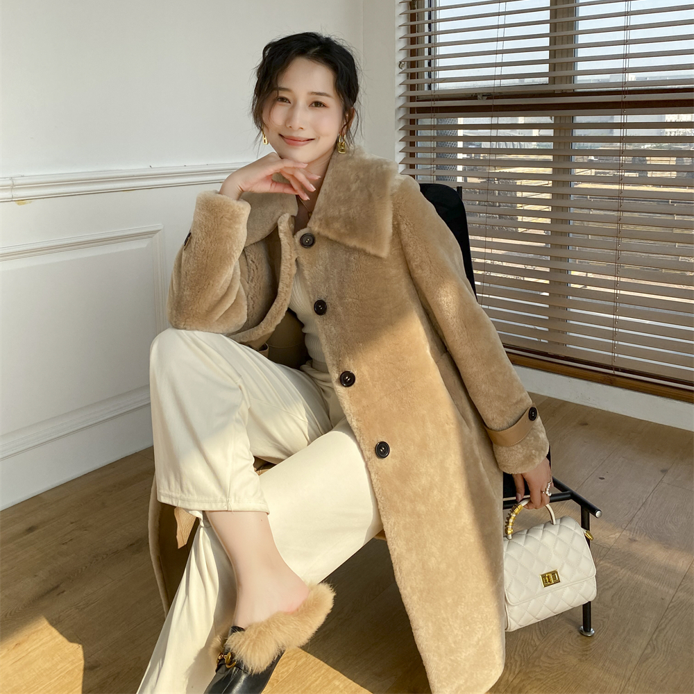 winter warm european style  camel color double face shearing sheep goat lamb skin long women fur coa