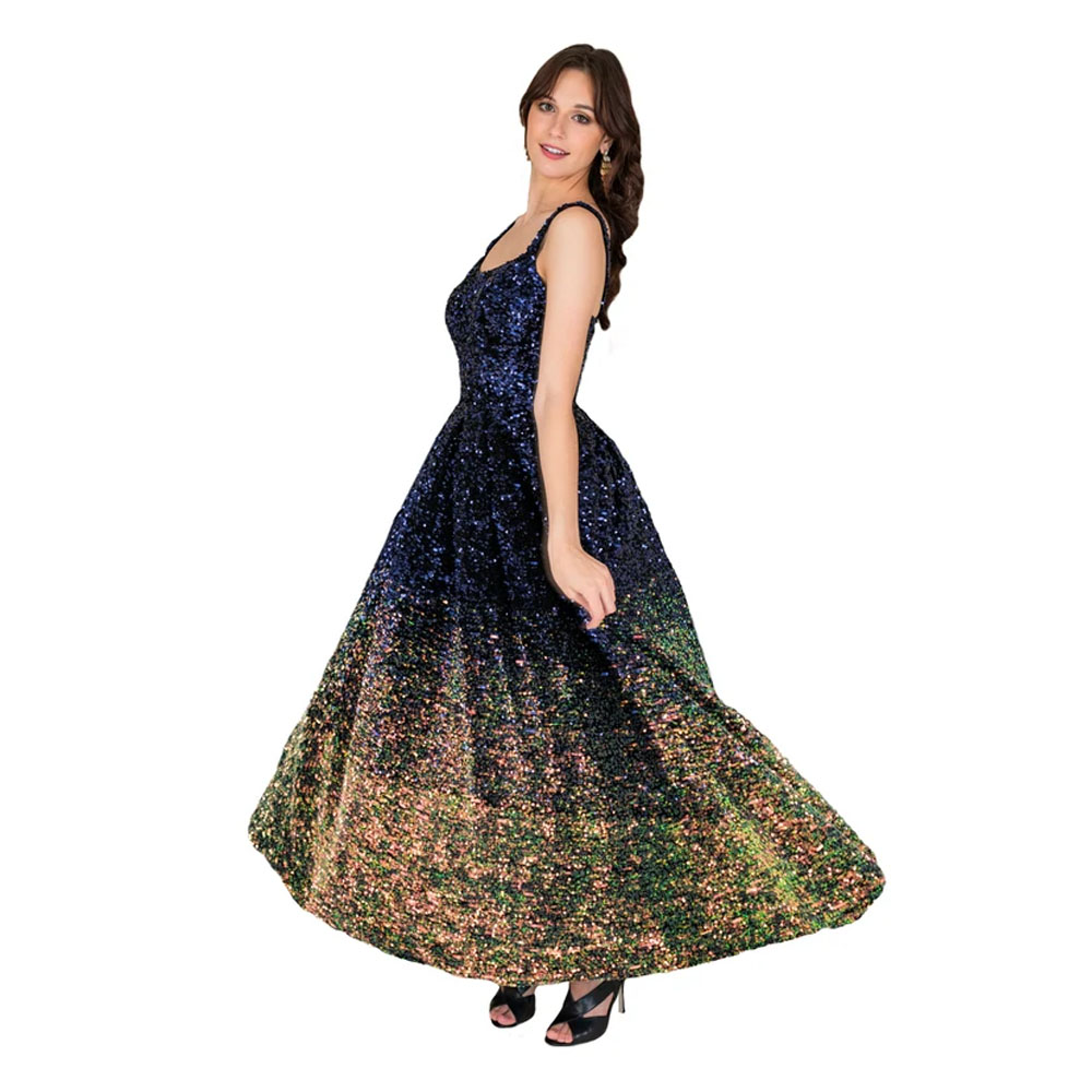 FARAH NAZ New York Women's Navy Blue and Gold Sequin Fit and Flare Strap Classic Gown Beautiful Slee