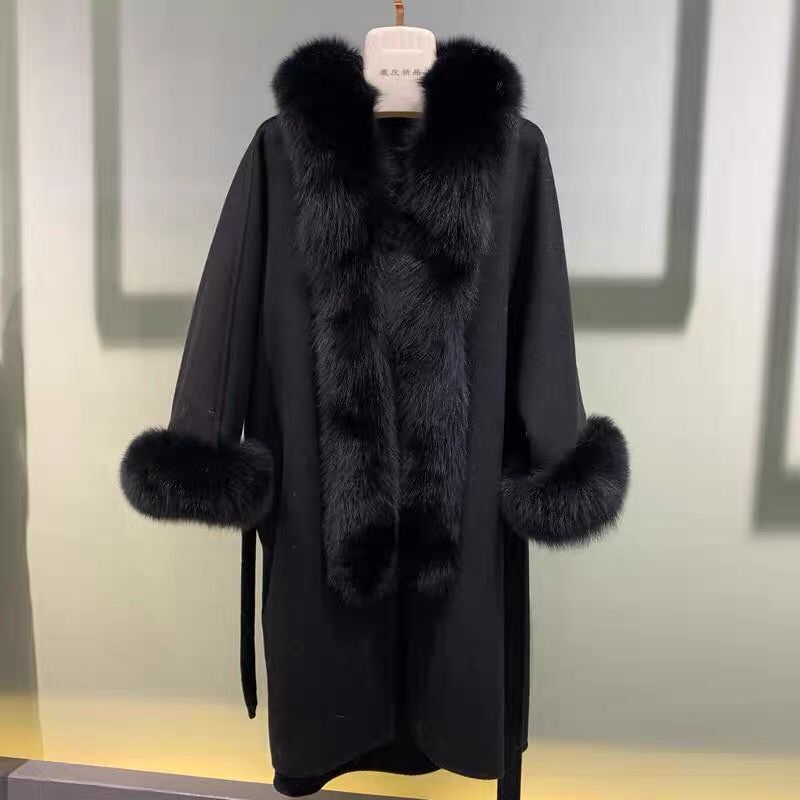 CX-G-T-30 Winter Trend  Women Wool Coat Real Fox Fur Collar Jacket Cashmere Trench Cape Coat