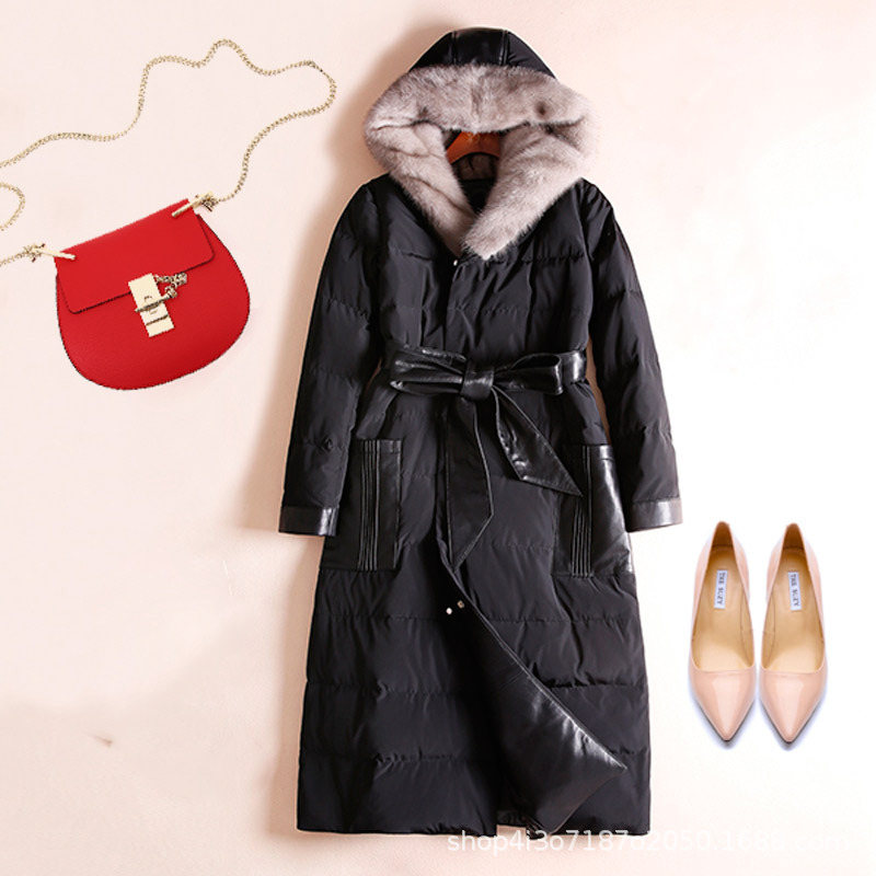 2022 new complete mink hat sheepskin splicing long down jacket women's knee-high winter padded down 