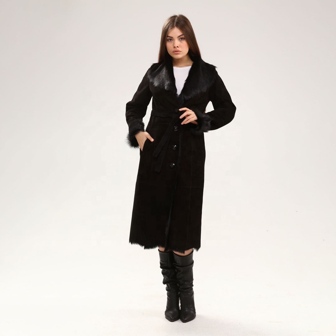 Genuine Suede Fur Collar Black Women's Coat Natural Leather New Season Luxury Autumn Winter Best Qua