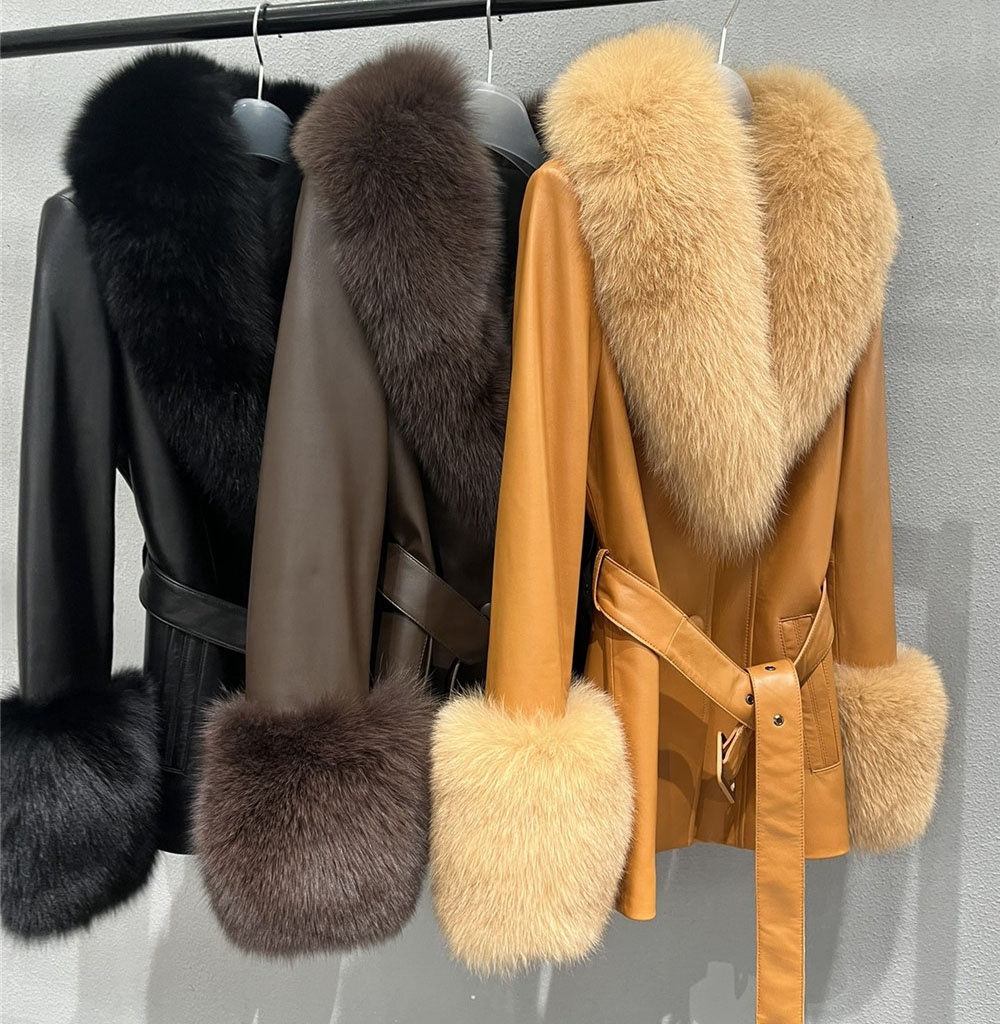 RTS High end Europe womens coats belted real sheepskin leather jacket open front winter big real fox