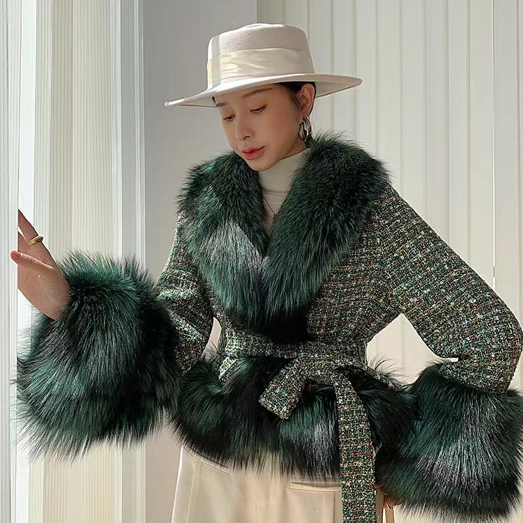 Luxury Wholesale Elegant Woolen Women Short Lined Front Real Fox Fur Trim Wool Jacket Cashmere Coat 