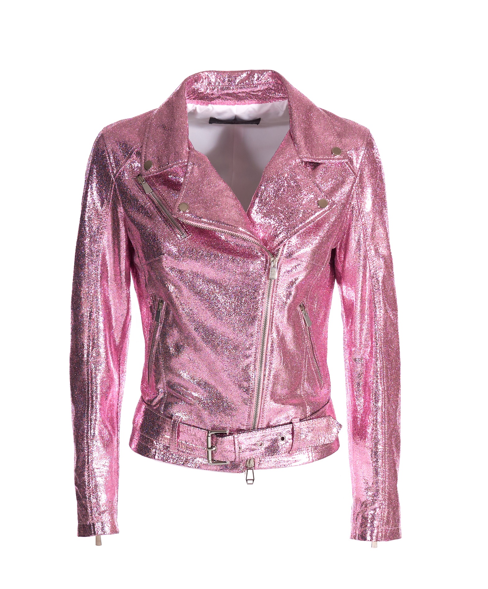Luxury fashion Made in Italy women pink laminated biker OEM services 100% Italian genuine leather ja