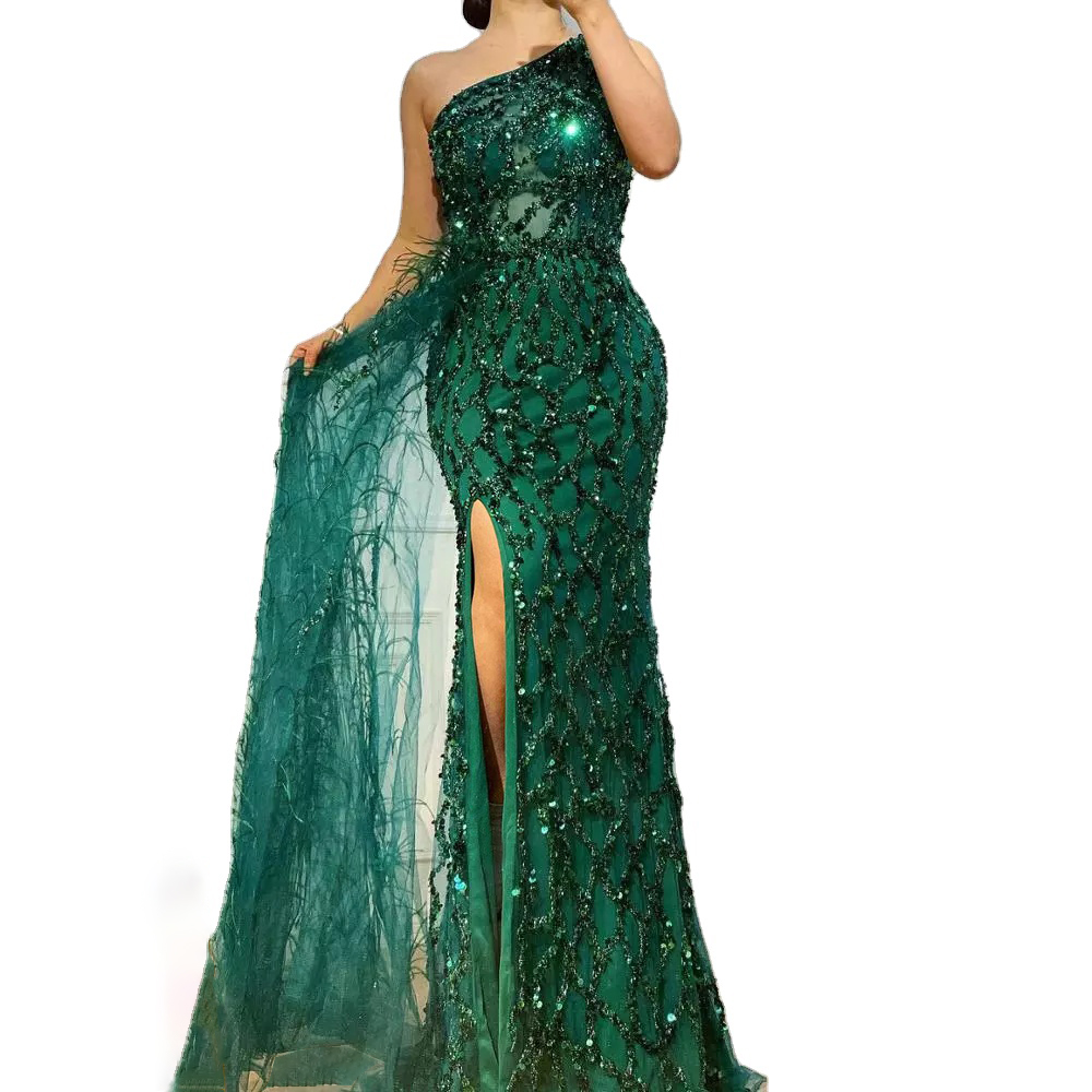 Green Beaded Feathers One Shoulder Stunning Evening Gowns Serene Hill LA70829 High End Women Sexy Pa