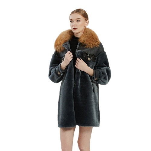 Hot Style Thick Fox Fur Lamb Leather Red Long with Fox Fur Collar Women's Sheep Fur Coat