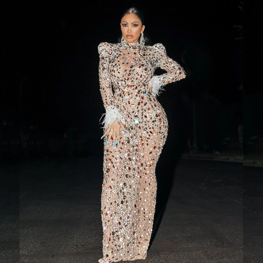 Sexy See Through Bodycon Crystal Sequin Formal Dinner Gown Women Wedding Birthday Party Club Dress M