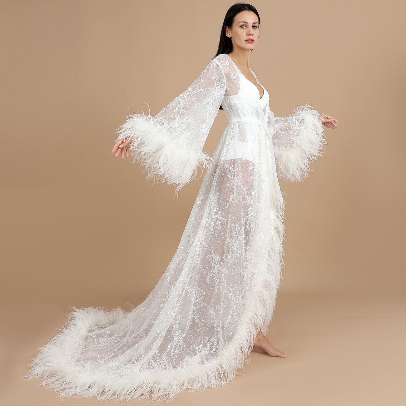 Beta Premium Bridal Lace Beaded Sequin Robe Wedding Boudoir Shoot for Woman Maternity Dress 100% Ost