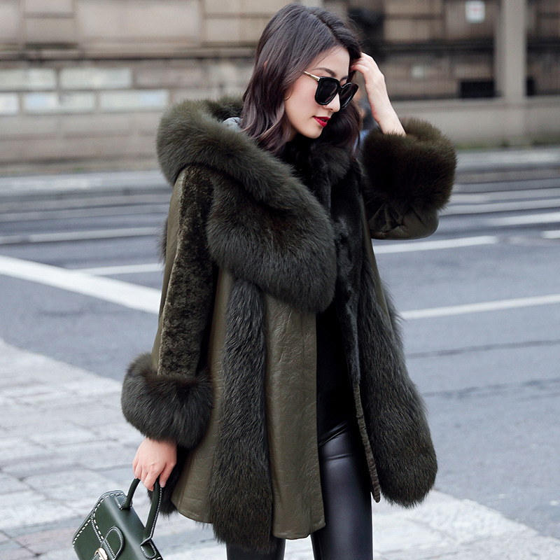 Fur coat in one piece women's long new fox fur real fur leather sheep sheared down coat