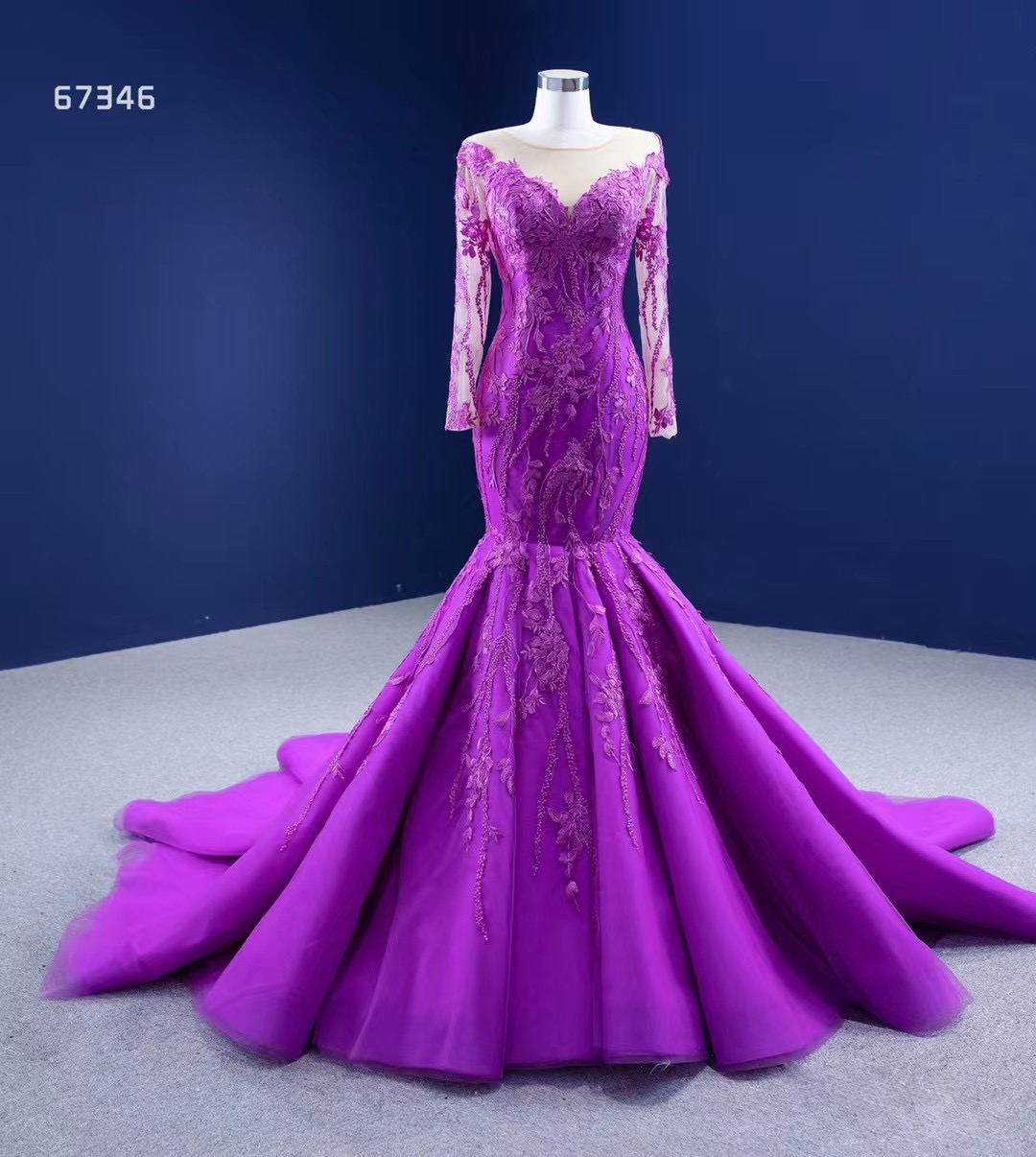 MAE0019 Girls Party Gown Long Sleeve Lace Applique Mermaid Style Dress Pattern Mermaid Purple Evenin