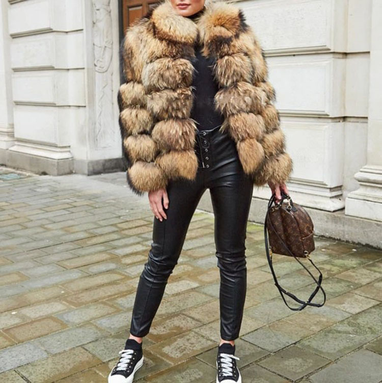 Winter Trendy Ladies Furry Racoon Coat Women Fluffy Real Genuine Natural Raccoon Fur Coat With Colla