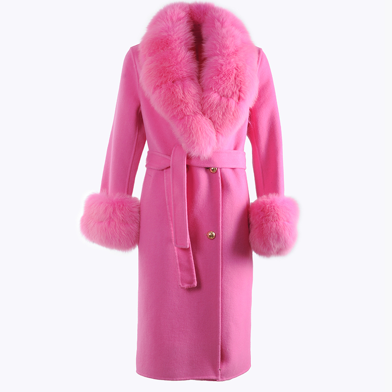 CX-G-T-68A Women Hot Sale Fashion Tassel Wool Cashmere Long Coat With Fox Fur Collar