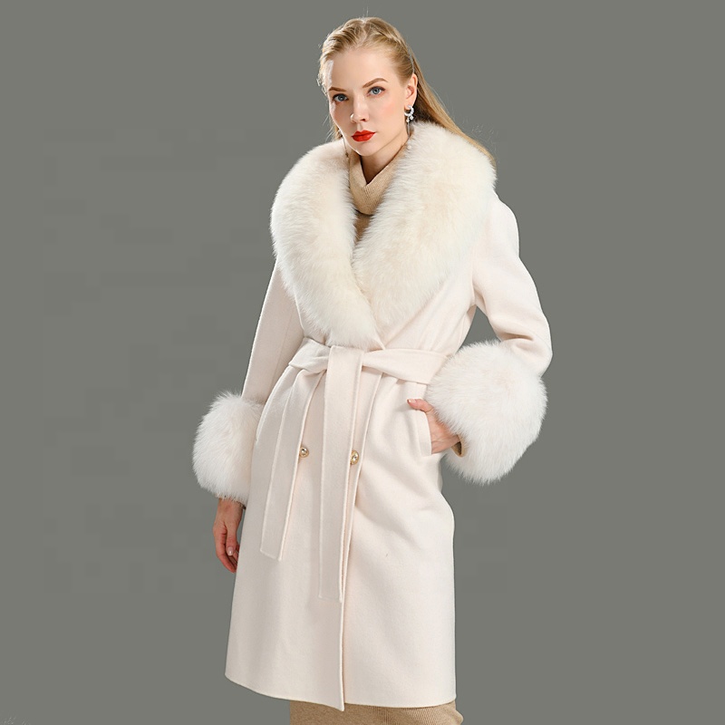 European Trendy Big Real Fox Fur Collar Parka Slim Fit Long Cashmere Jacket Winter Women Luxury Wool