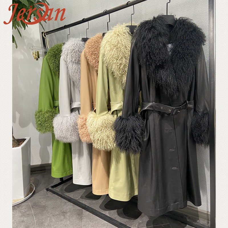 woman coat fur Wholesale Genuine Women Fox Fur Cuff Long Belt Ladies Fancy Regular Real Lambskin Lea