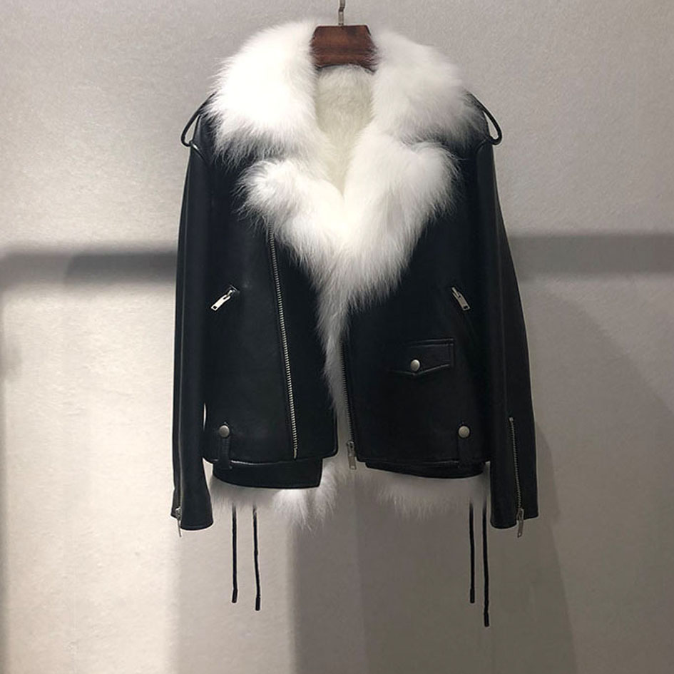 Winter clothes for women Leather Motorcycle Short Coat Women Leather Jacket with Fox Fur Liner Vest