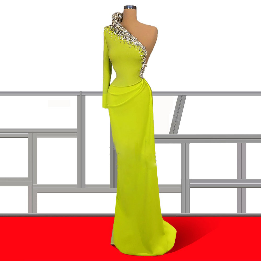 OEM Wedding Beaded High Slit Vestidos Elegante Ropa Sexy Evening Dresses Women Yellow Dresses Women 
