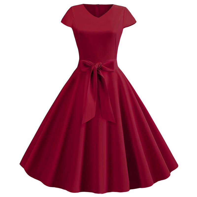 Women Summer Dress With Belt Short Sleeve V neck Retro Rockabilly Swing Pinup Party Office Dresses