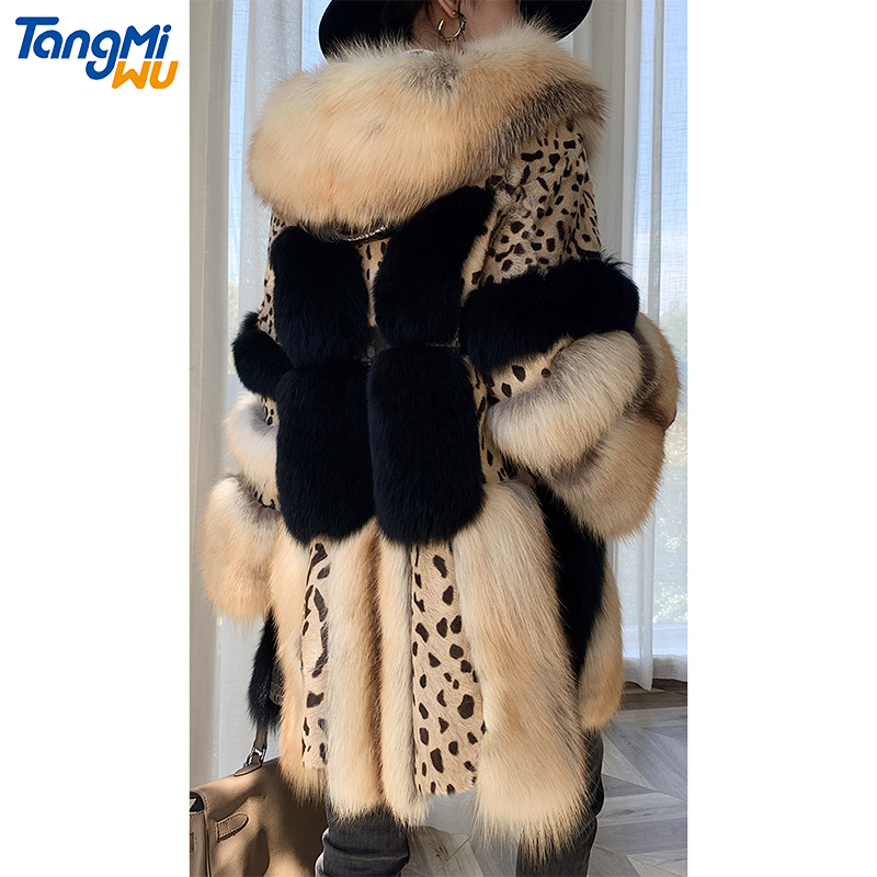 TMW luxury brown women long mink fur splicing pelliccia donna ladies fur jacket patchwork real fox f