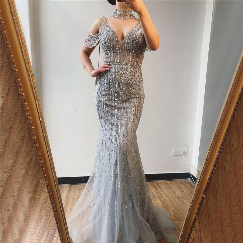 2205 Golden high-end host evening dress fish tail long annual banquet bride toasting mermaid dress W