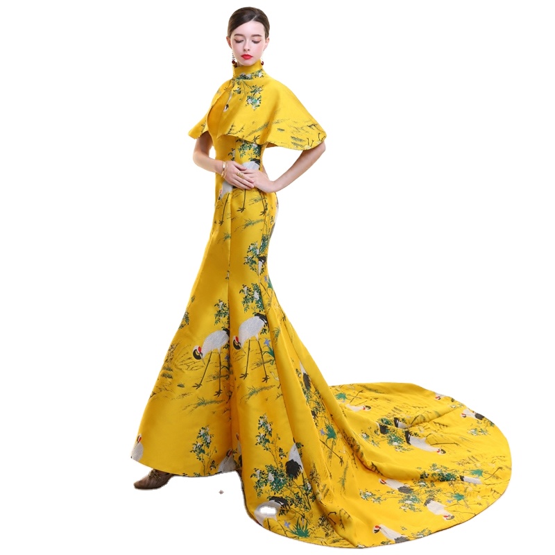 Chinese Compere Traditional Dress Yellow Cheongsams Short Sleeve Qipao show clothes Mujere Vestido E