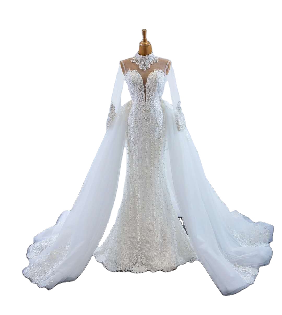 Mermaid/Trumpet long  sleeve lace high  neck  Muslim   pearls beaded with  detachable train wedding 