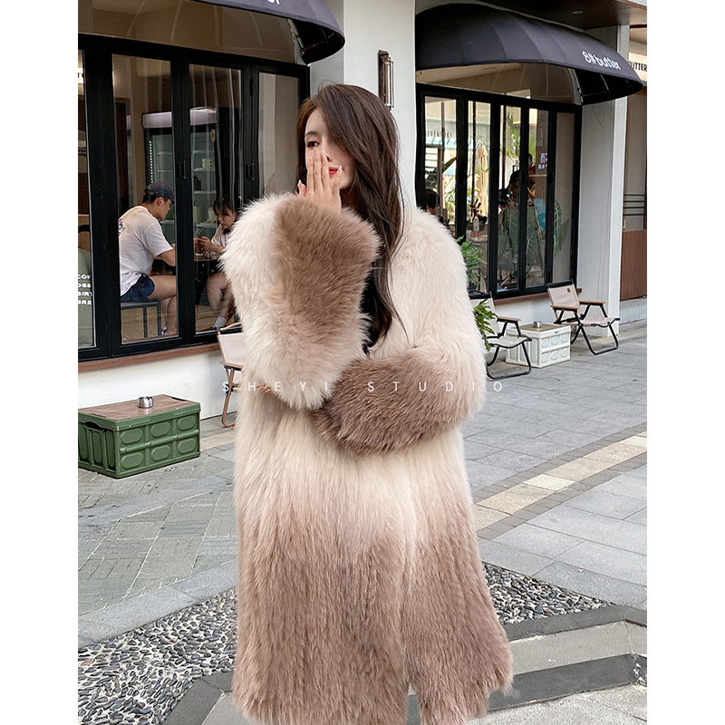 Real Fox Fur Coat Women 2022 Autumn Winter Knitted Cardigan Jacket Female Thick Warm Gradient Color 