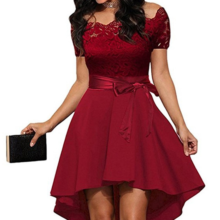Red Lace Dress Women Patchwork Slash Neck Short Sleeve Sashes Tunic Dress 2022 Summer Ladies Sexy Ev