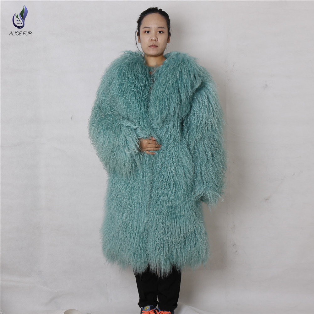 Long style Mongolian Sheep Fur Coat Jacket Overcoat fashion Women's Winter Warm tibetan lamb Fur Coa
