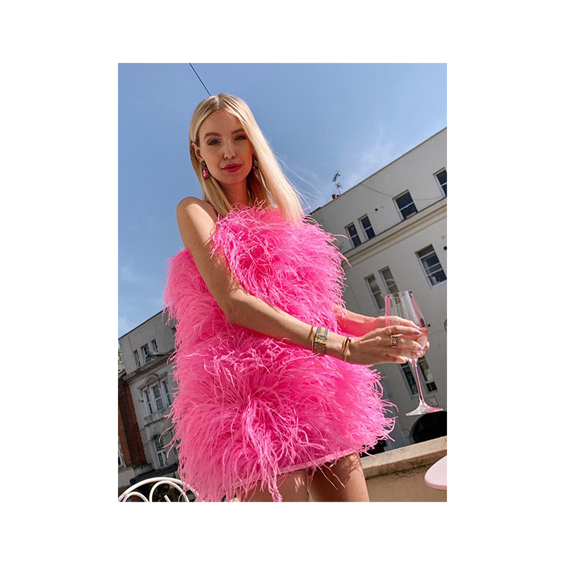 Factory Direct Supply Fashion off Shoulder Mini Pink Ostrich Feather Dress