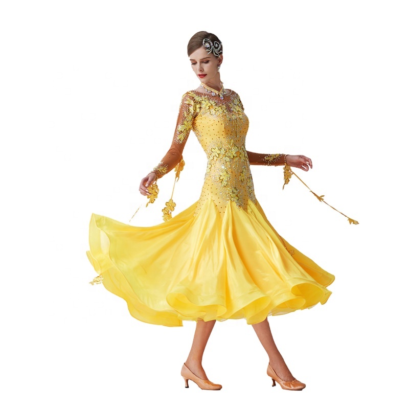 B-19543 Custom High Quality Ballroom Party Dress High-end Yellow Long Waltz Dance Dress Smooth Moder