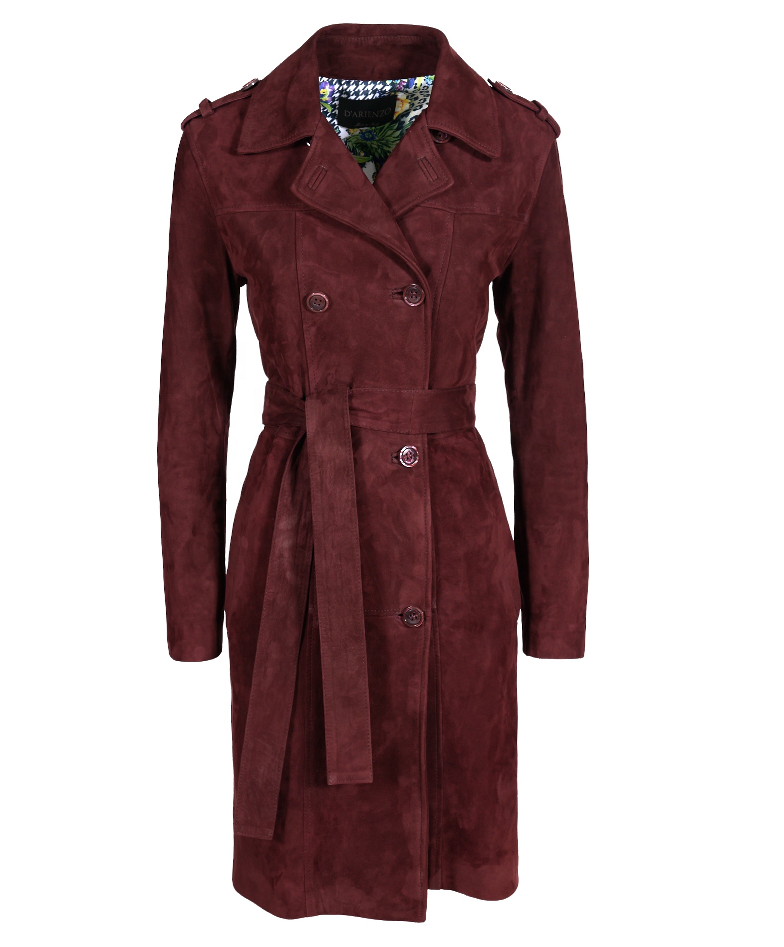 Made In Italy women burgundy suede leather double-breasted coat OEM high quality 100% Italian leathe