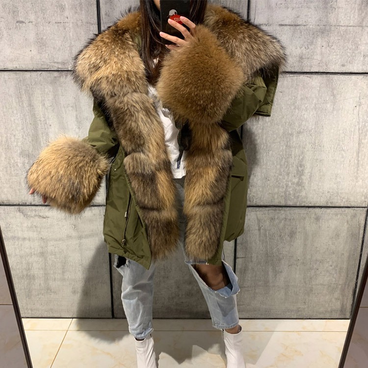 Women's winter thick real raccoon fur parka ladies natural fox fur coat