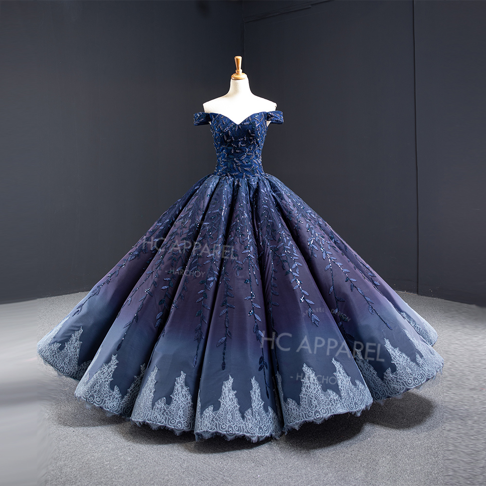 Elegant Evening Party Dresses Navy Blue Ball Gown Off The Shoulder Shiny Beading Women Custom Weddin