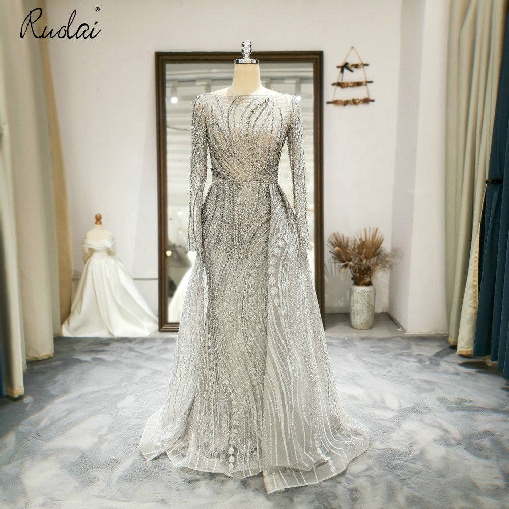 ASA-0199 Modest Elegant Beaded Lace with Crystal Muslim Arabic Long Sleeves Evening Dress