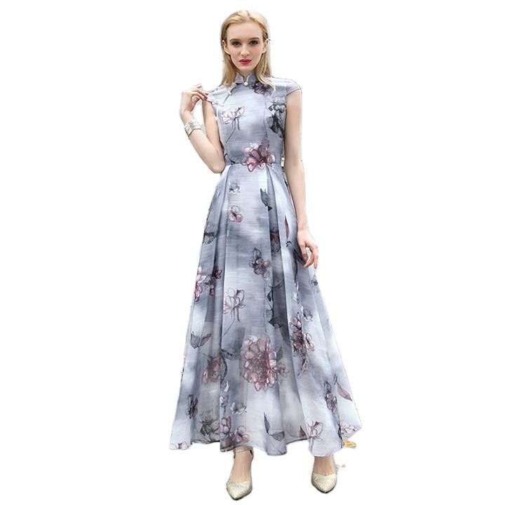 T-D599 Elegant Long Maxi Flower Print Organza Casu