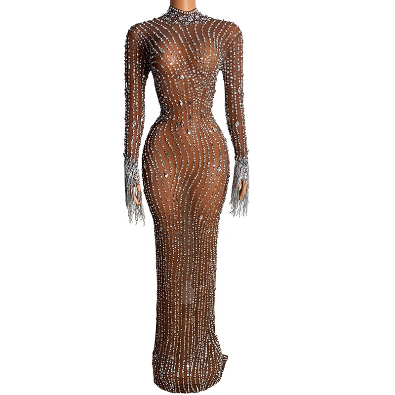2022 Silver Rhinestones Spandex Dress Women's Birthday Celebrate Outfit Dancer Wear Bar Prom Singer 
