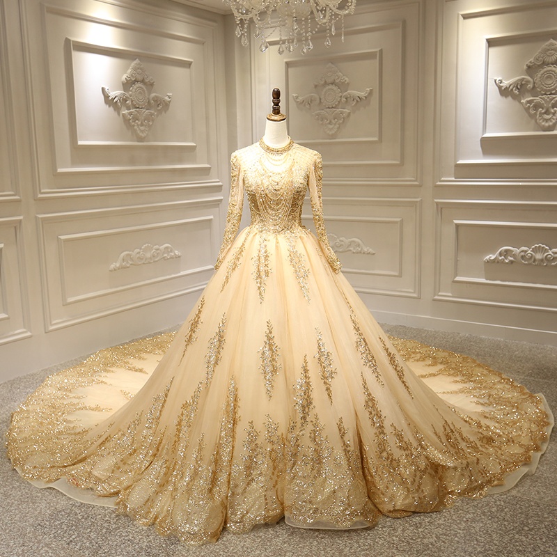 wedding dress bridal gown in stock products popular in dubai manufacturers golden long sleeves high 