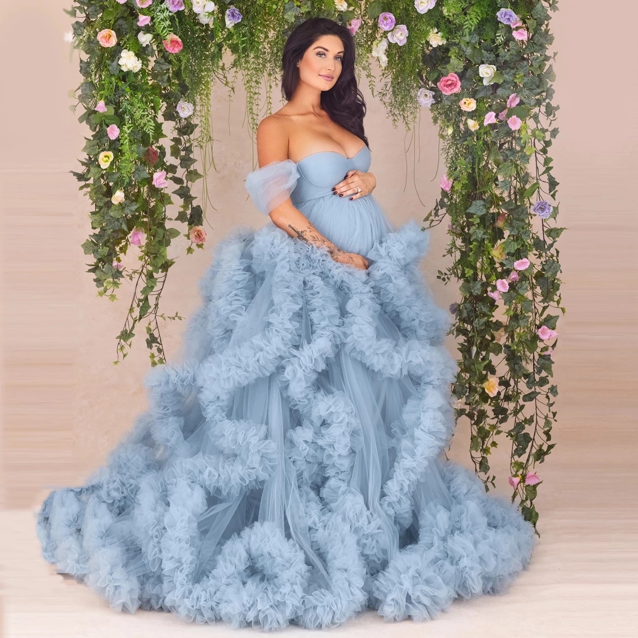 Dusty Blue Maternity Dresses Ball Gown Sleeves Sweetheart Ruffles Puffy Pregnancy Dress For Photo Sh