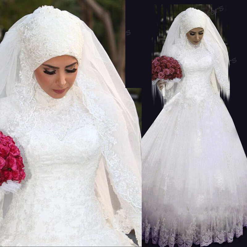 Customize Pure White Arab Long Sleeve Saudi Arabian Wedding Gown High Neck Muslim Bridal Wedding Dre