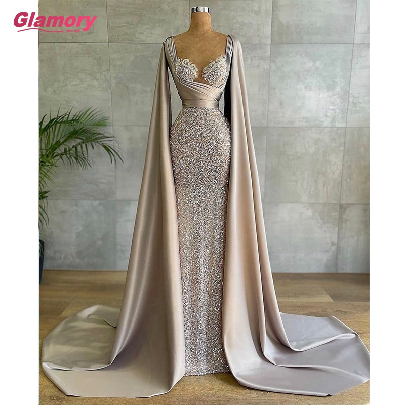 2021 Long Sleeves Mermaid Evening Dresses Long Satin Party Gowns Beading Elegant Evening Dresses For