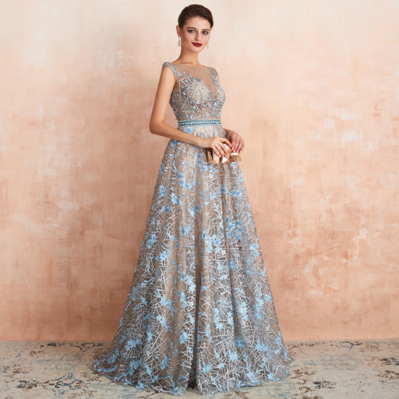Women Fashion Long Party Gowns Sleeveless A Line Formal Sequin Elegant V Neck Lace Organza Evening D