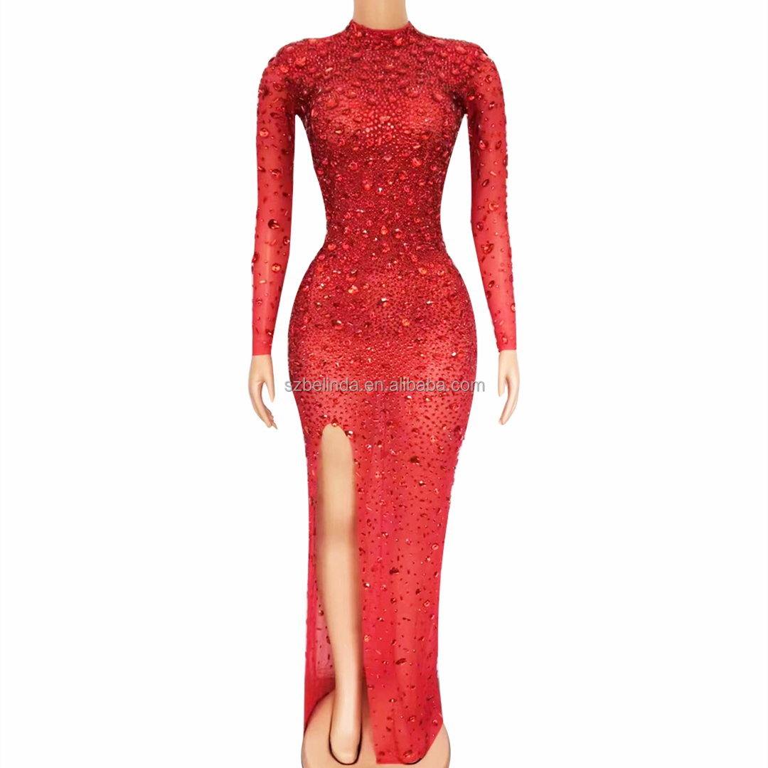 New Design Red Big Crystals Transparent Dress Evening Birthday Celebrate Luxurious Outfit Costume Da