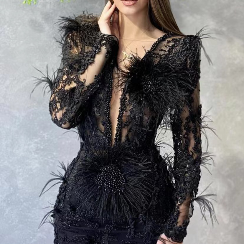 ED2166 Custom High Quality Embroidery Lace Sequin Beading Black Evening Dress With Feathers Gowns Fo