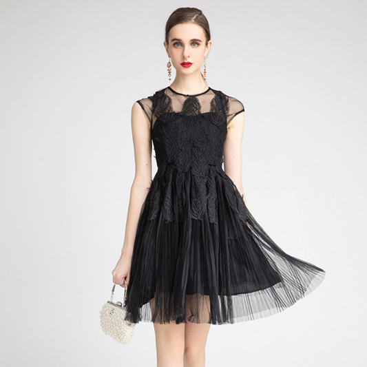 Europe High End Latest Women Party Clothes Mesh Leaf Embroider Pleated Elegant Black Pink Birthday C